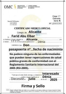 Ejemplo de certificado médico oficial del ilustre colegio de médicos de Alicante.