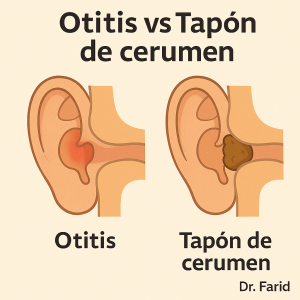 Otitis (inflamación del canal) frente a tapón de cerumen (obstrucción mecánica).