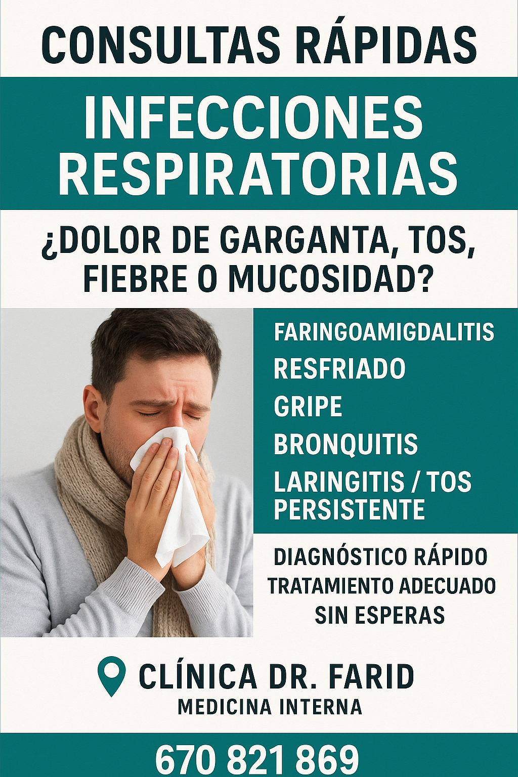 Consultas rápidas para infecciones respiratorias con el Dr. Farid, faringoamigdalitis, resfriado, gripe y bronquitis.