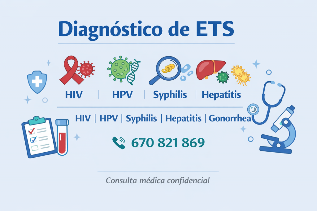 Diagnosticamos las enfermedades de transmision sexual-ETS por la sintomatologia y tecnicas de laboratorio: frotes de flujo uretral , analitica de hepatitis, VIH, pailoma, sifilis y PCR completo de agentes de ETS