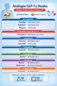 Análogos GLP-1 y duales: nombres comerciales en España